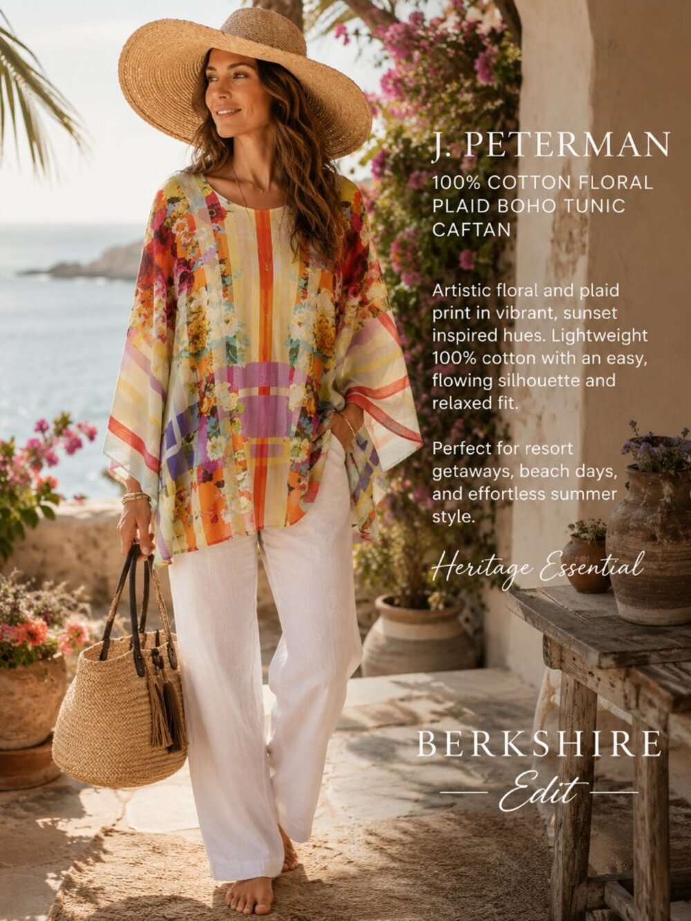 J Peterman 100% Cotton Floral Plaid Caftan Tunic Boho Top Sz 8